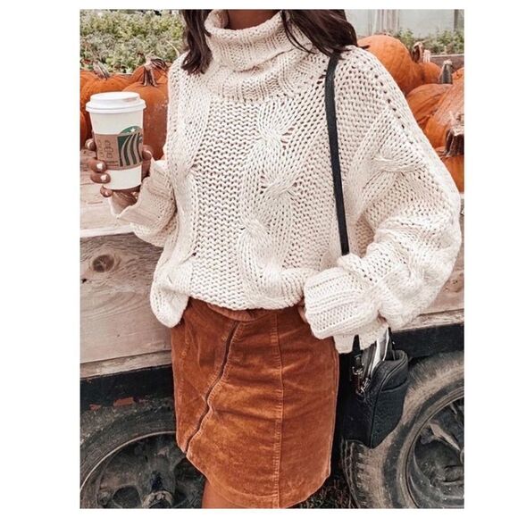 cream Turtle Neck Cable Knit Sweater - Picture 6 of 16